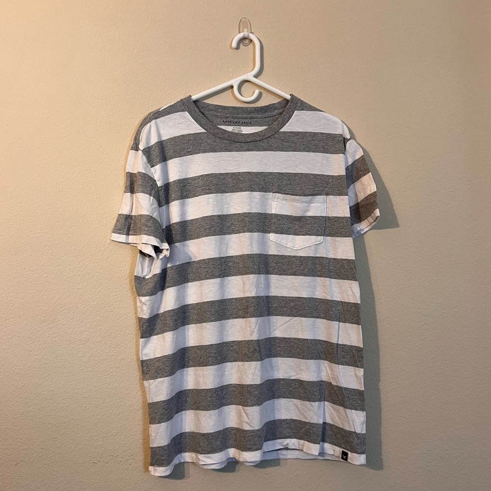 White and Gray Horizontal Stripe T-Shirt, Front Pocket Short-Sleeve Shirt - XL